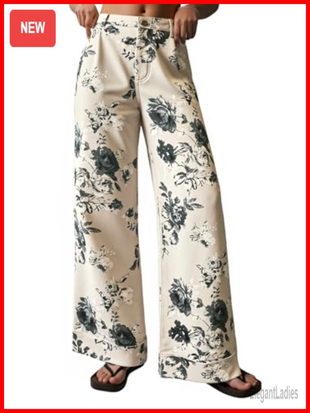 Womens Cotton Blend Denim Floral Baggy Wide Leg High Waisted Jeans
